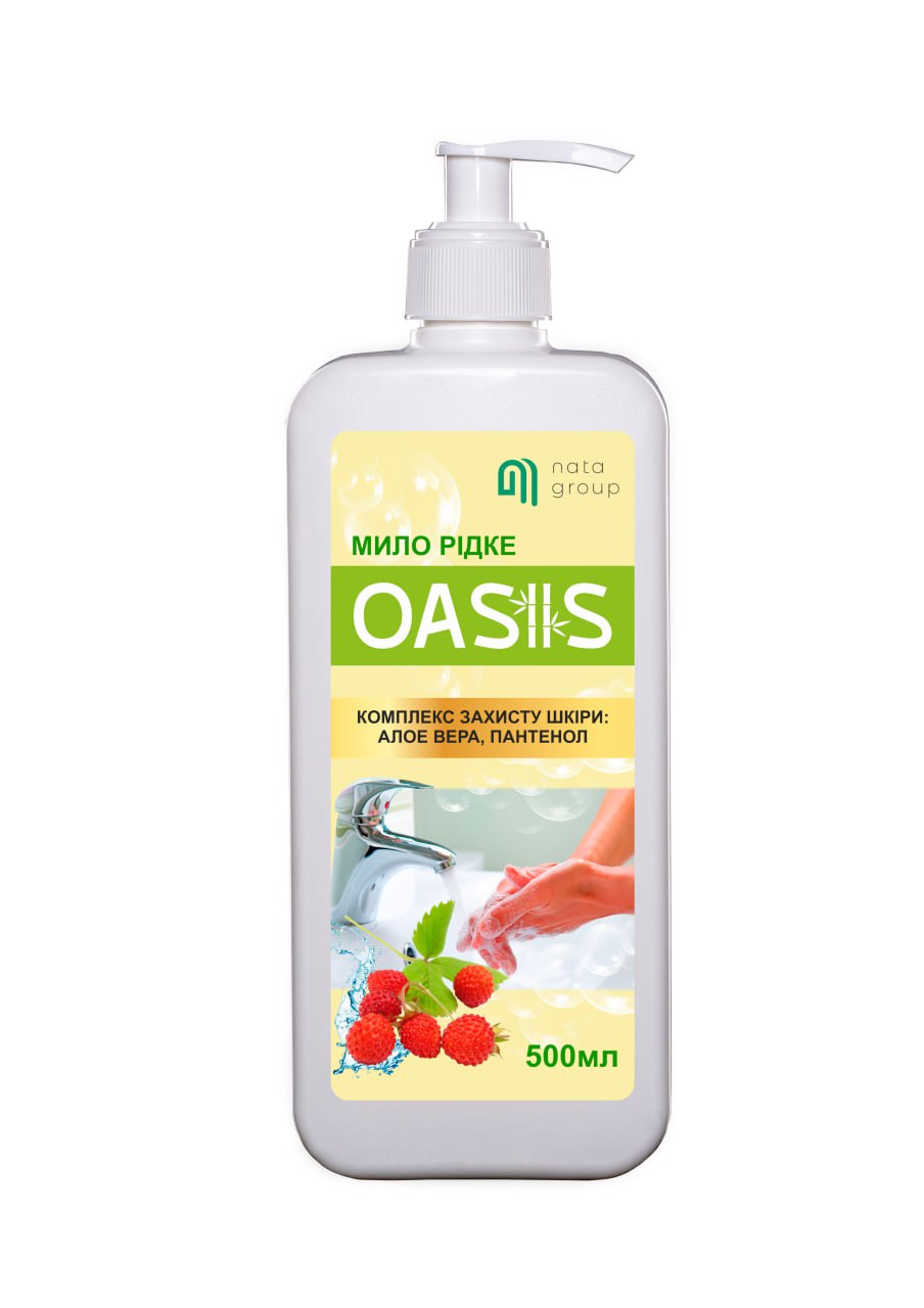 Mydło w płynie "NATA-OASIS" o zapachu dzikiej truskawki, butelka 500 ml z dyszą dozującą